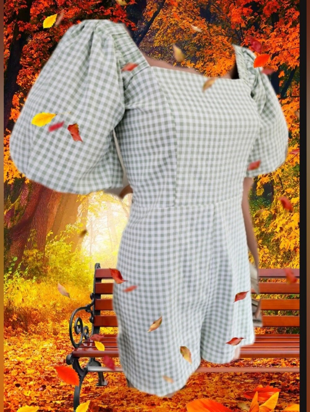 Puff Sleeve Gingham Pastel Sage Green Shortie Romper Med Gardengirl Picnic
